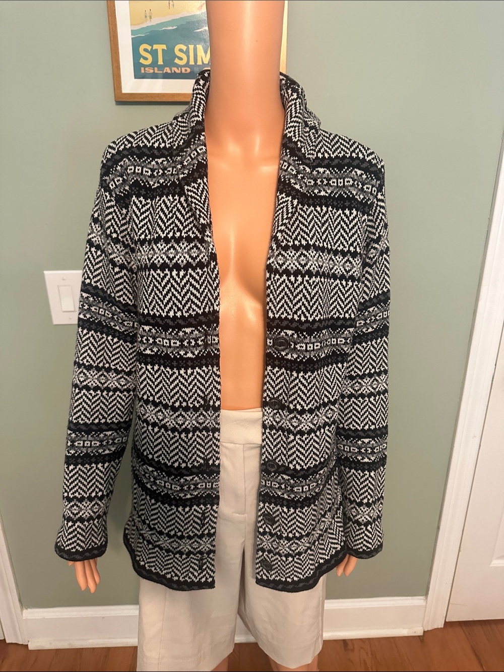 Chaps Black and White Patterned Open-Front Jacket